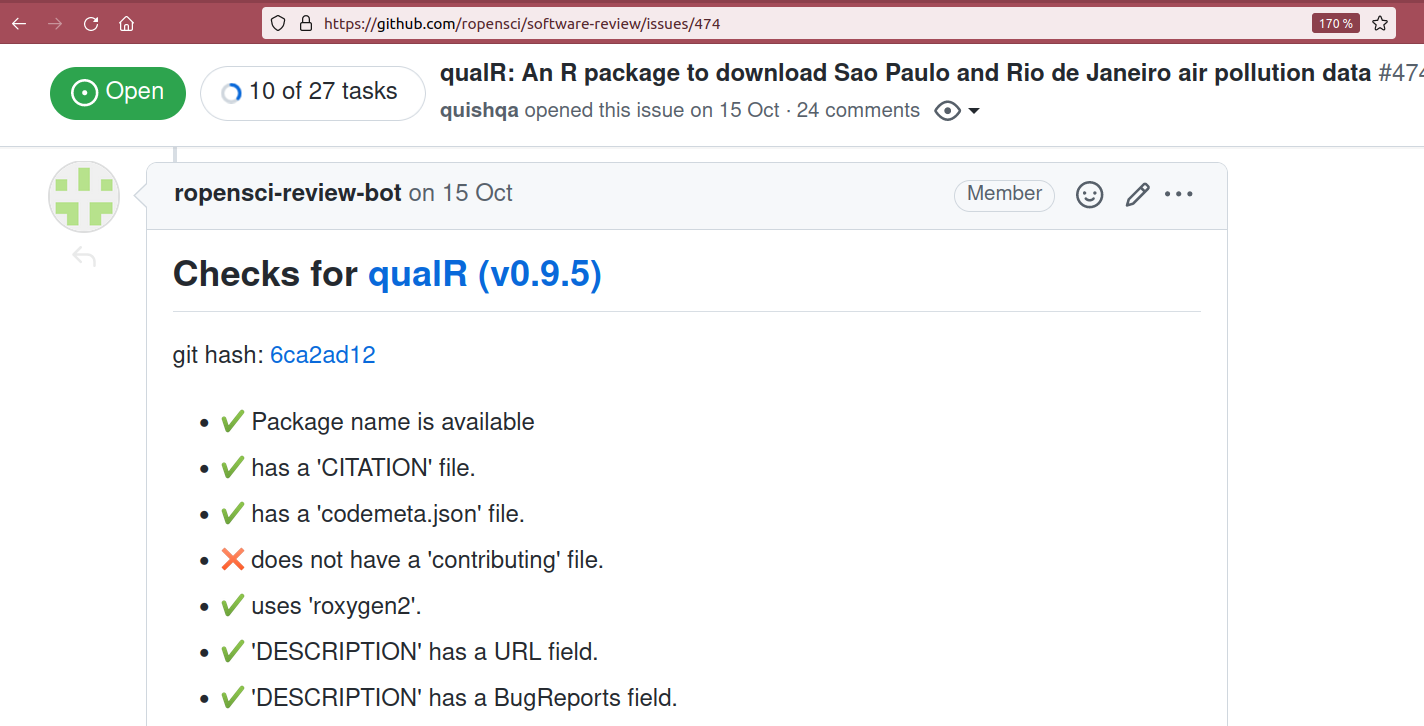 Screenshot of a GitHub issue corresponding to a package submission. Package checks results have been posted.