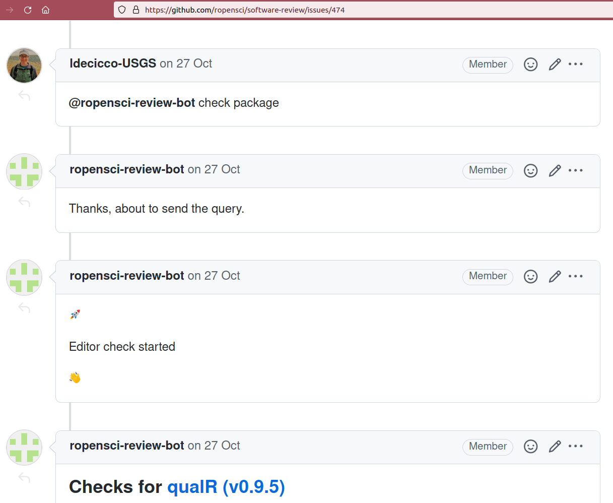 Screenshot of a GitHub issue corresponding to a package submission. Editor requires new checks via '@ropensci-review-bot check package', then results are posted.